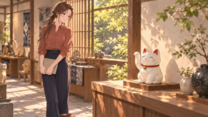 木の展示台に置かれた右手を挙げる招き猫を、ノートを持って眺めるRuri