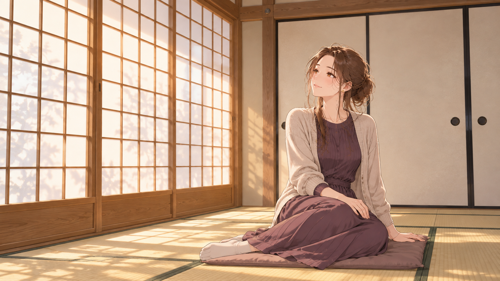 障子とふすまのある和室で、柔らかな光を眺めるRuriのイラスト