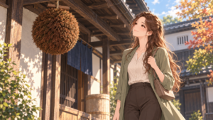 木造の軒下に下がる茶色の杉玉を見上げるRuriのイラスト