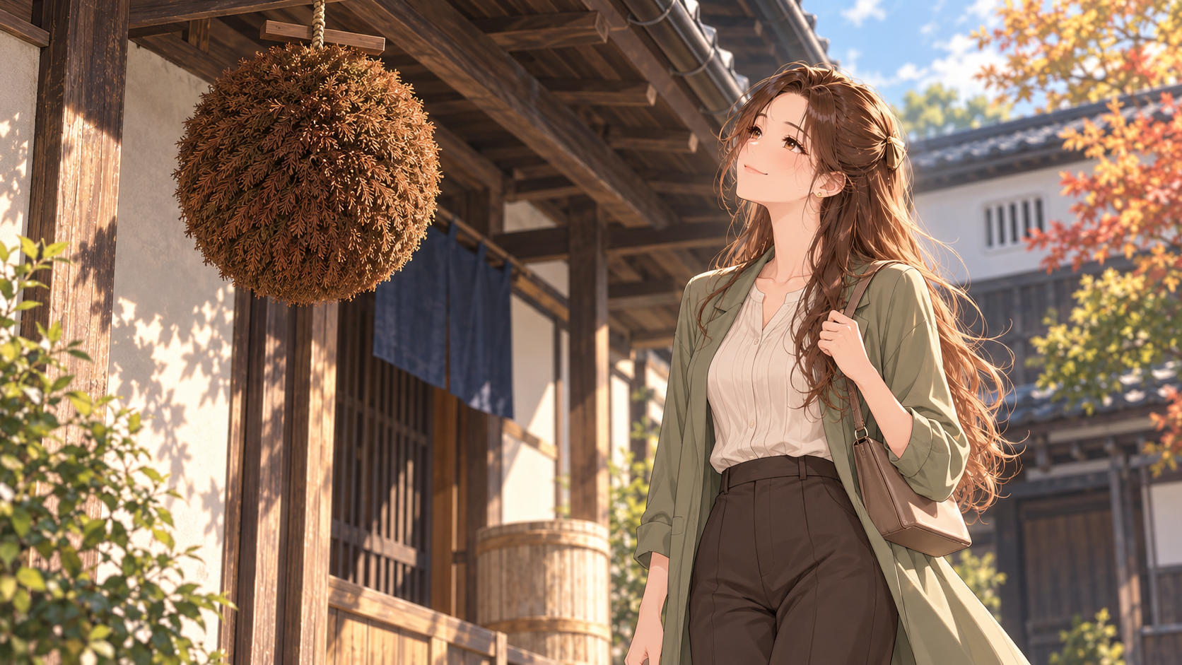 木造の軒下に下がる茶色の杉玉を見上げるRuriのイラスト