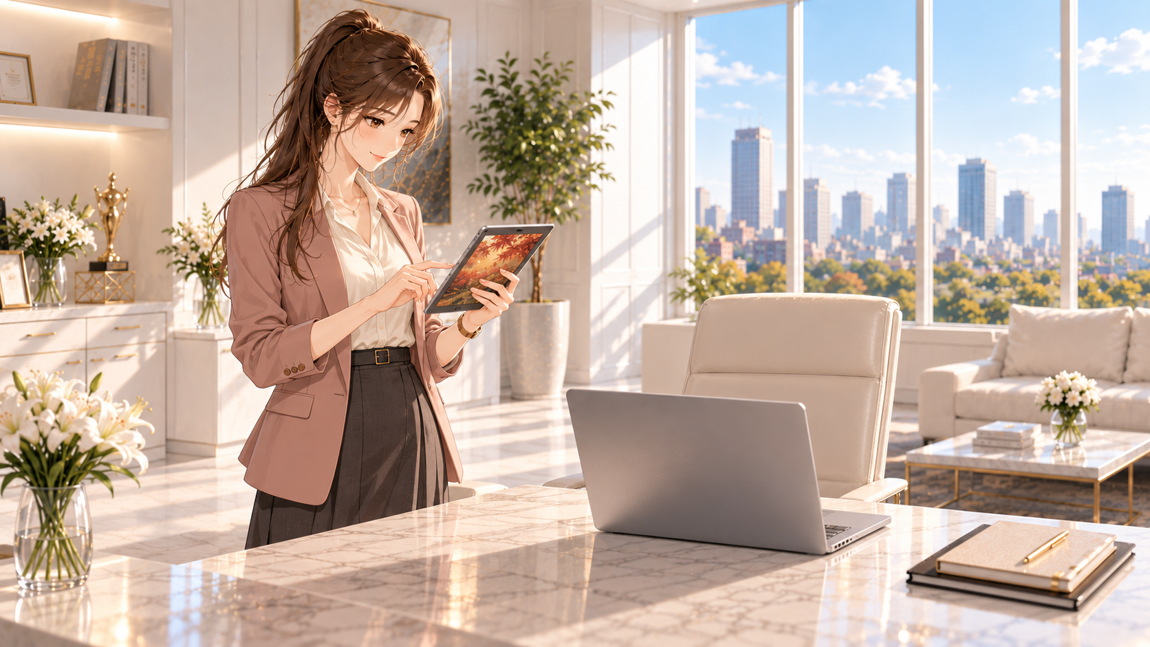 白いオフィスに立ち、タブレットの秋の写真を指で確認するRuri