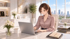 モーヴのブラウス姿の瑠璃が白いオフィスのデスクでノートパソコンを操作するAI生成イラスト