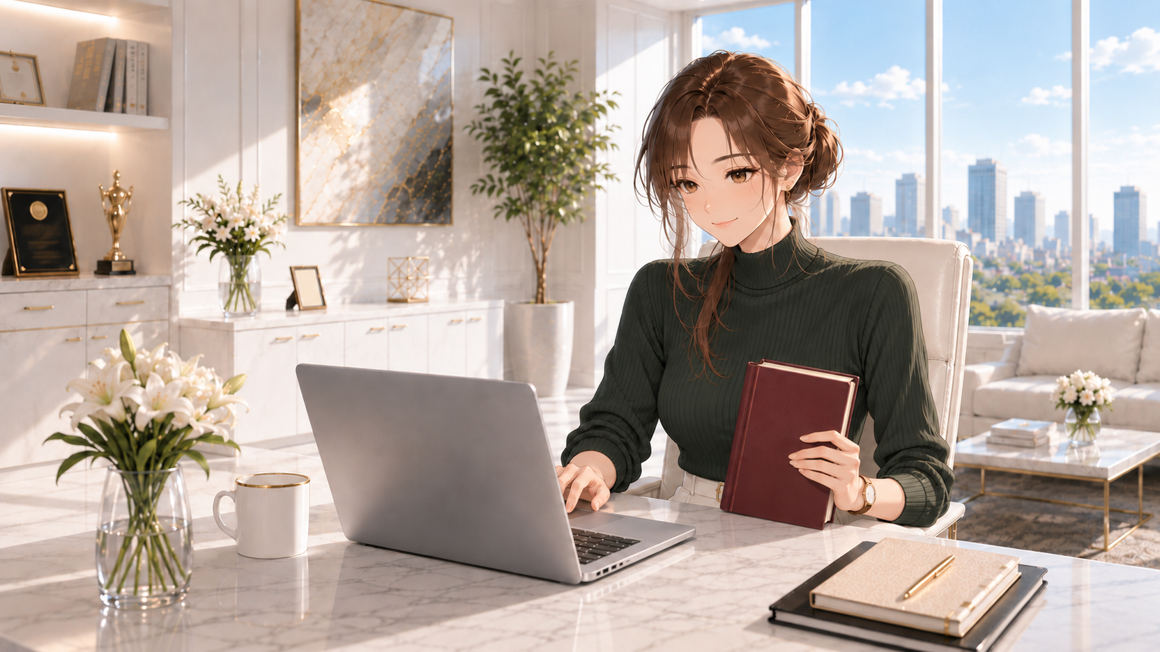 深緑のニット姿の瑠璃が本を片手にノートパソコンで調べものをするAI生成イラスト