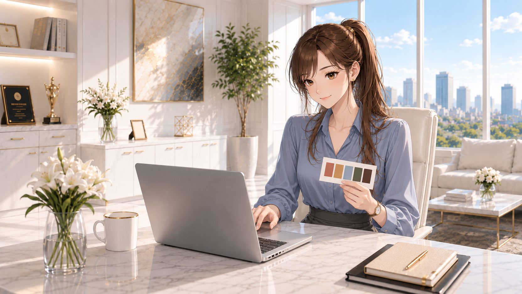 白いオフィスのデスクで瑠璃が配色カードを手にノートパソコンを操作するAI生成イラスト