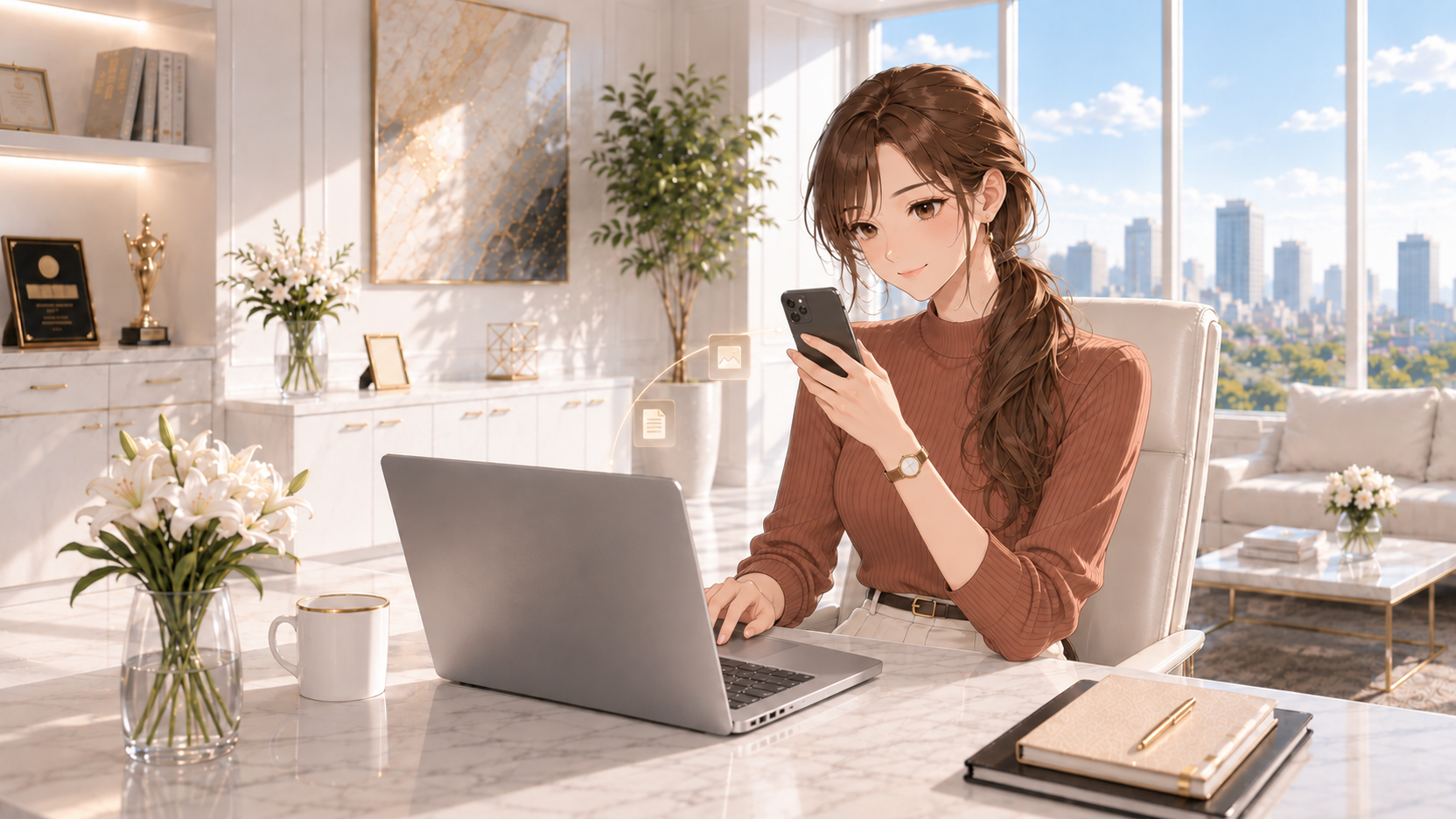 白いオフィスでノートパソコンにスマホを向けるRuri
