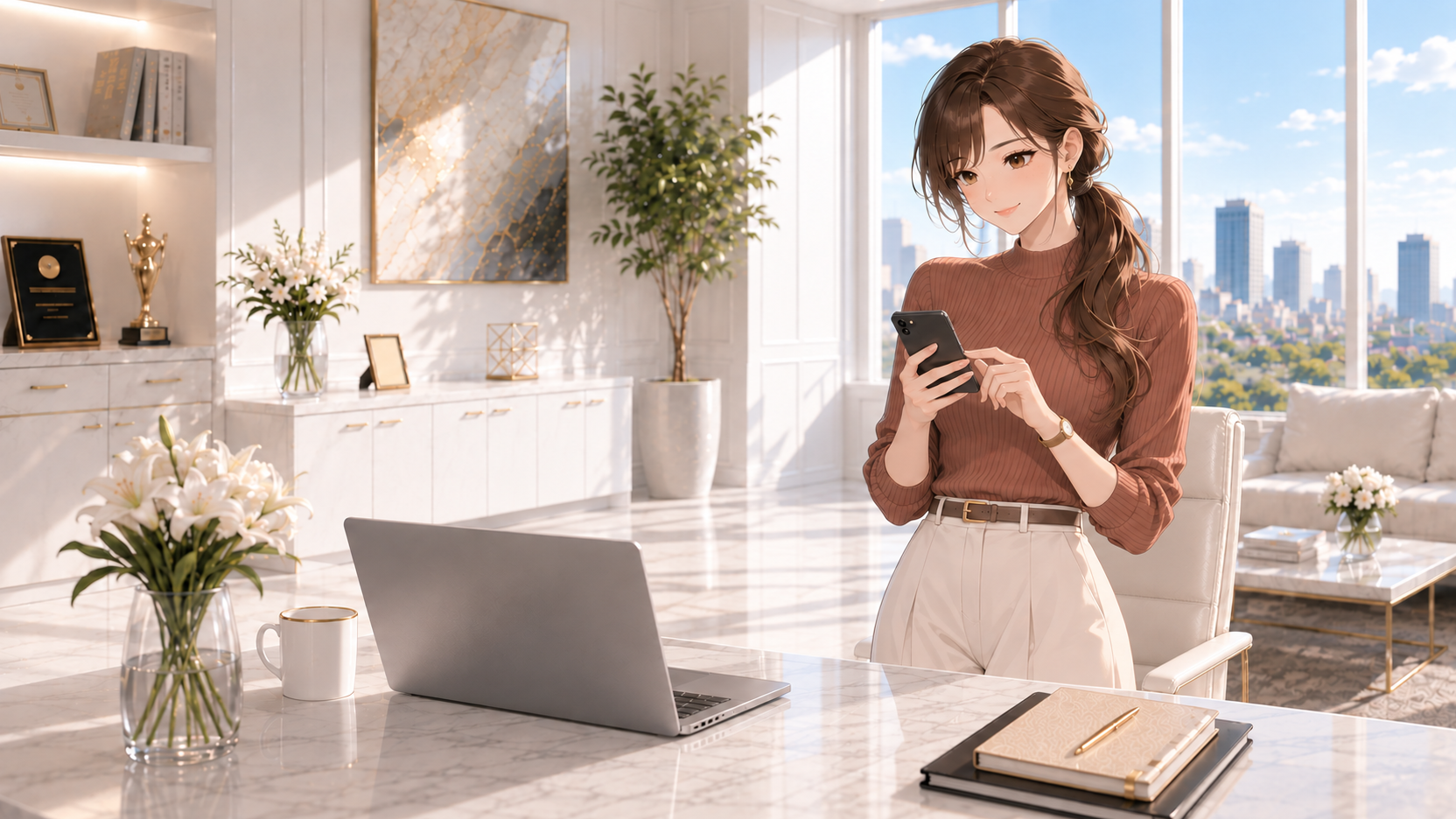 オフィスのデスク脇に立ち、スマホの画面を確認するRuri