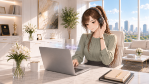 白いオフィスでヘッドホンに手を添え、ノートパソコンの音声を聞くRuri