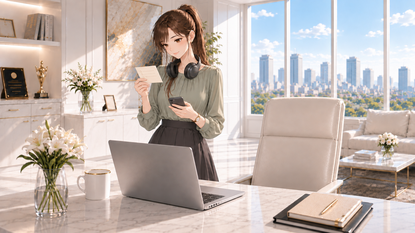 オフィスのデスク脇に立ち、スマホと確認用メモを持つRuri