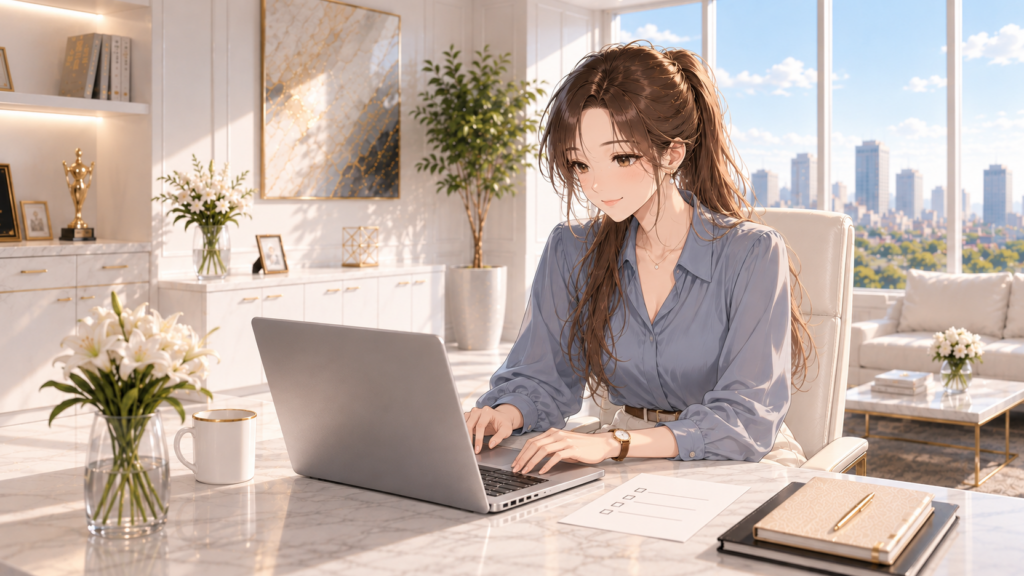 白いオフィスでRuriが銀色のパソコンと確認用の紙に向かうAIイラスト