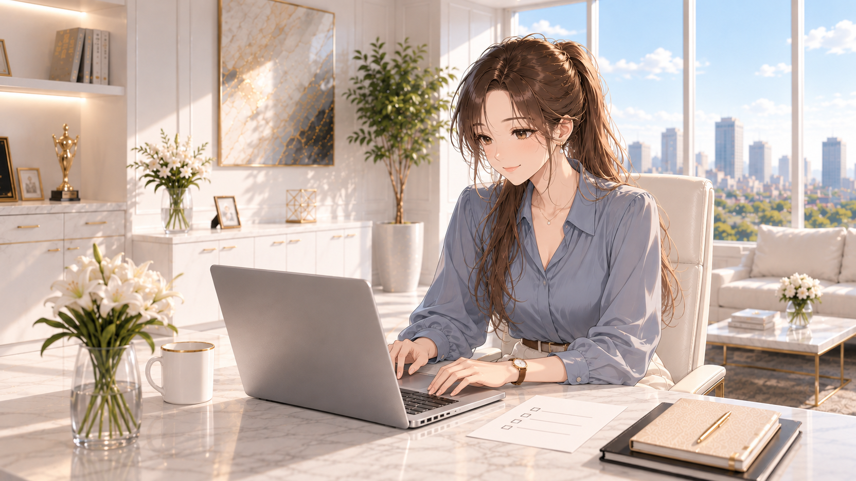 白いオフィスでRuriが銀色のパソコンと確認用の紙に向かうAIイラスト