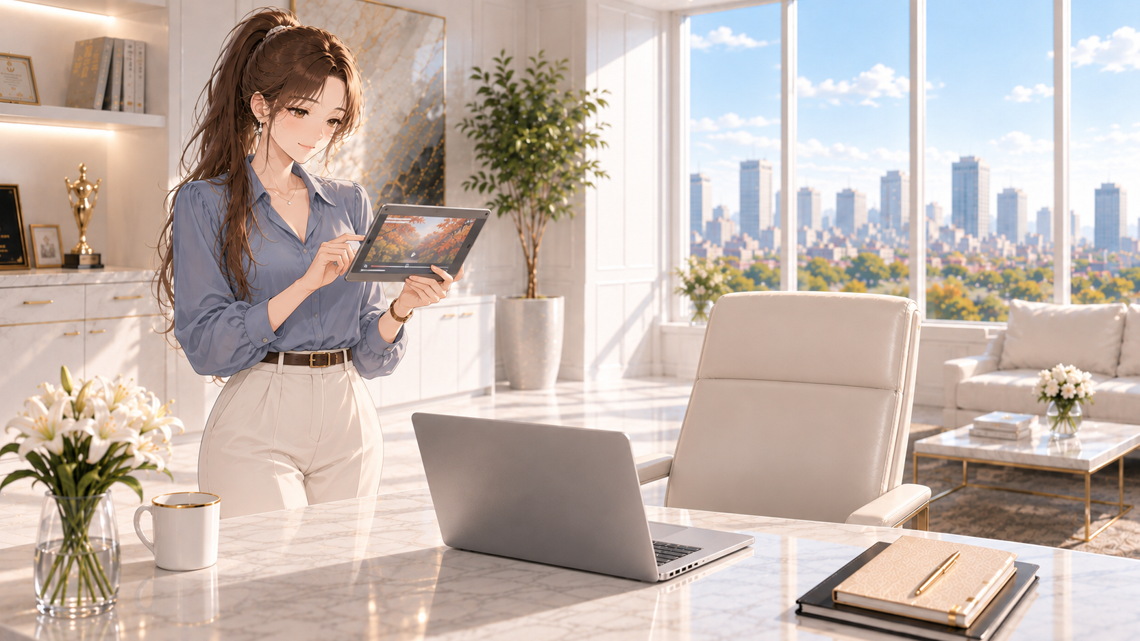 同じオフィスの机の左側に立ち、タブレットで秋の動画を見るRuriのAIイラスト