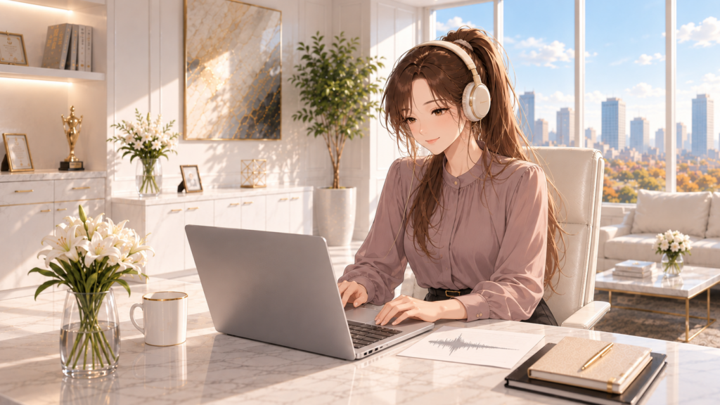 ヘッドホンを着けたRuriが白いオフィスで音の編集に向かうAIイラスト