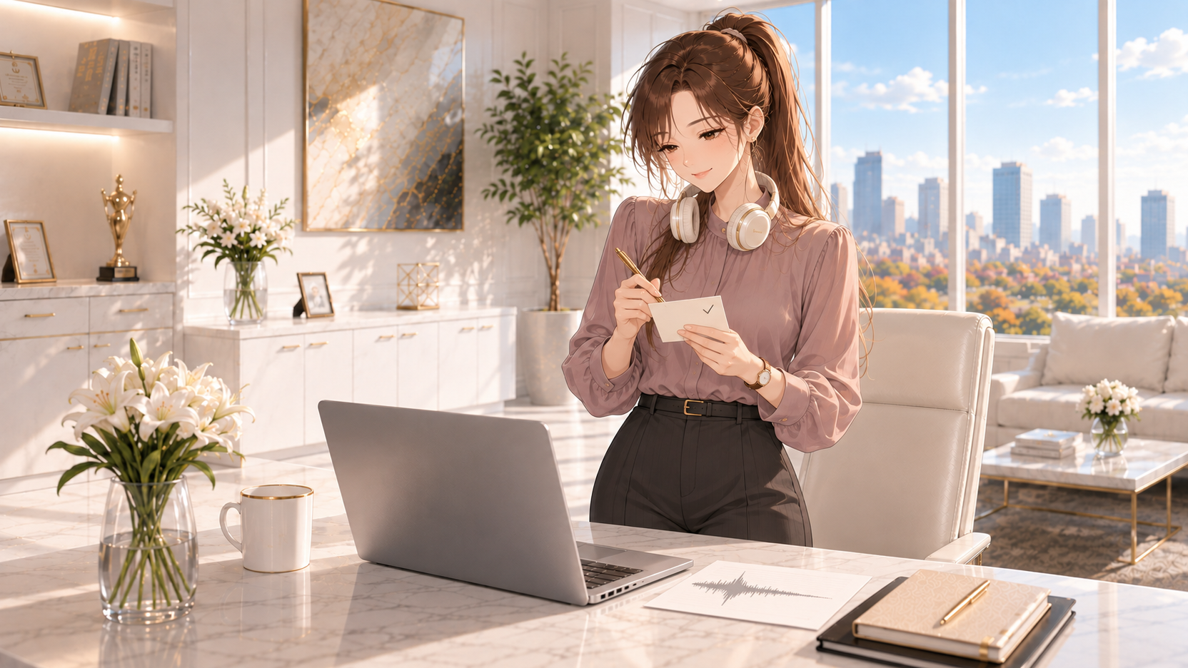白いオフィスに立つRuriがヘッドホンを首に掛け、聞き返した感想をメモするAIイラスト