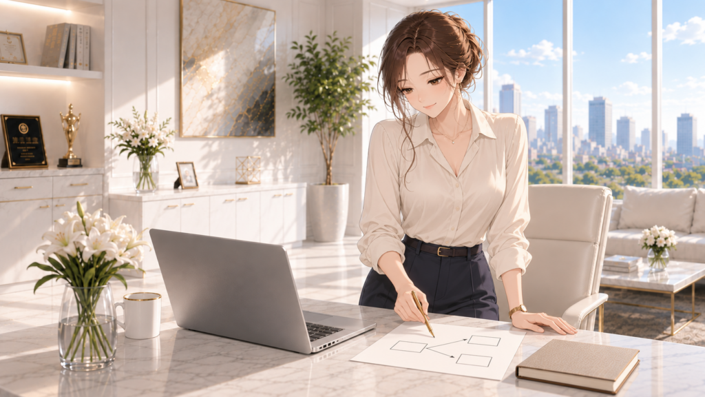 白いオフィスでRuriが立ち、紙の分岐図を金色のペンで指しているAI生成イラスト