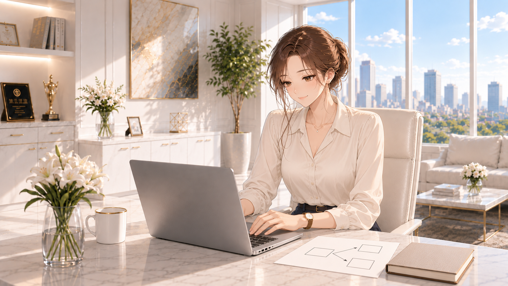 白い椅子に座ったRuriがノートパソコンを操作し、机に分岐図の紙を置いているAI生成イラスト