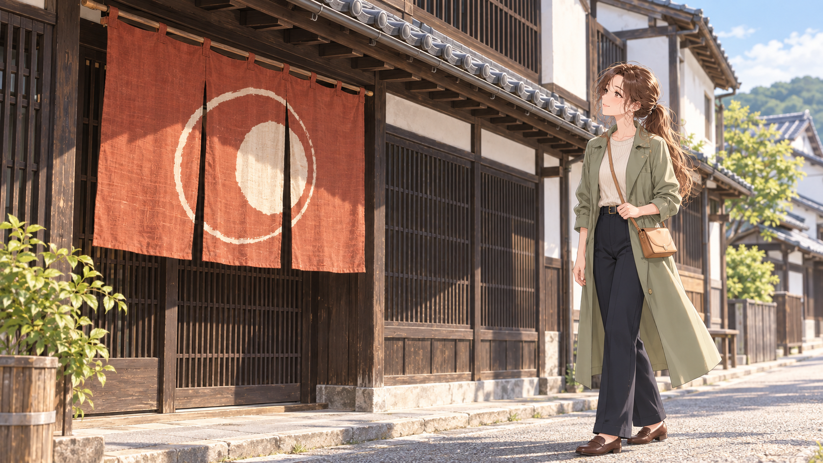 勝山ののれんを楽しむ町歩きをイメージし、軒先の布を眺めるRuri