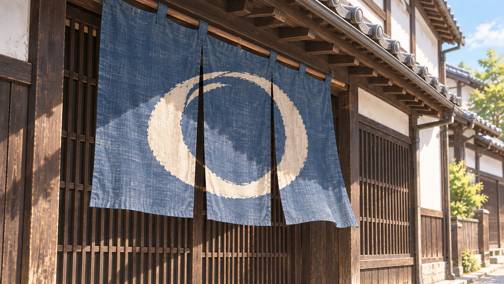 青いのれんの染めの輪郭と木の格子を近くから見るイメージ