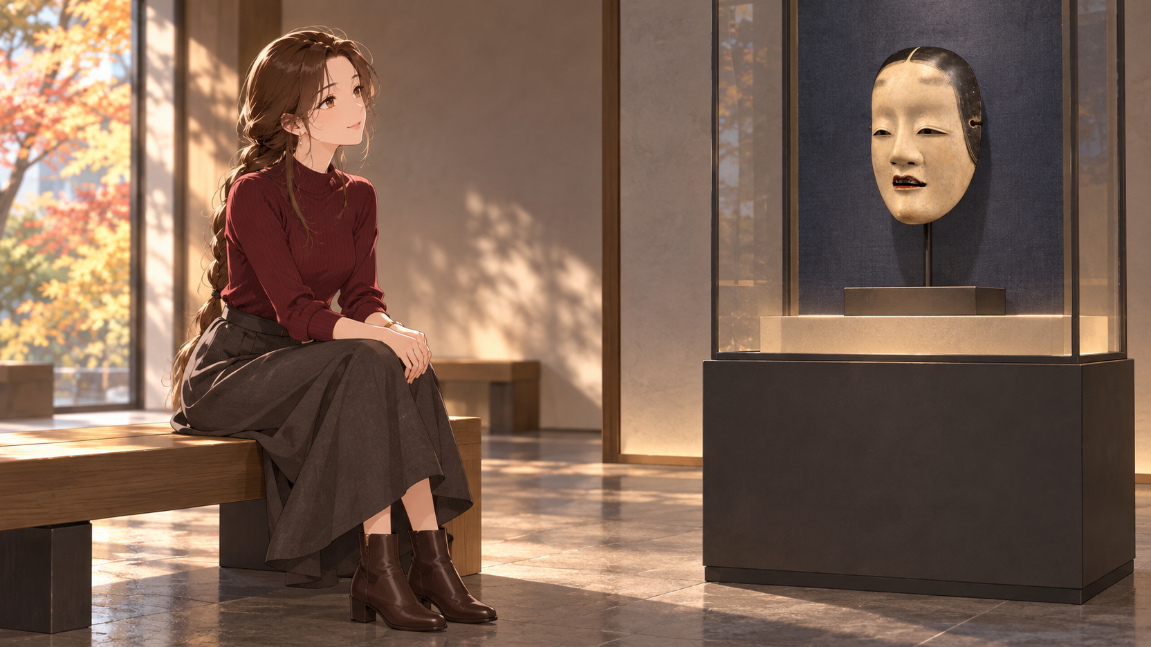秋の光が差す架空の展示室で、ベンチに座って能面を眺めるRuriのAI生成イラスト