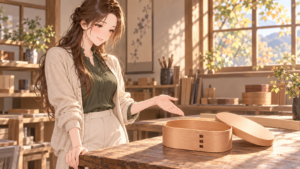 杉板の曲げ物を置いた木の作業台で、器を紹介するRuriのAI生成イラスト