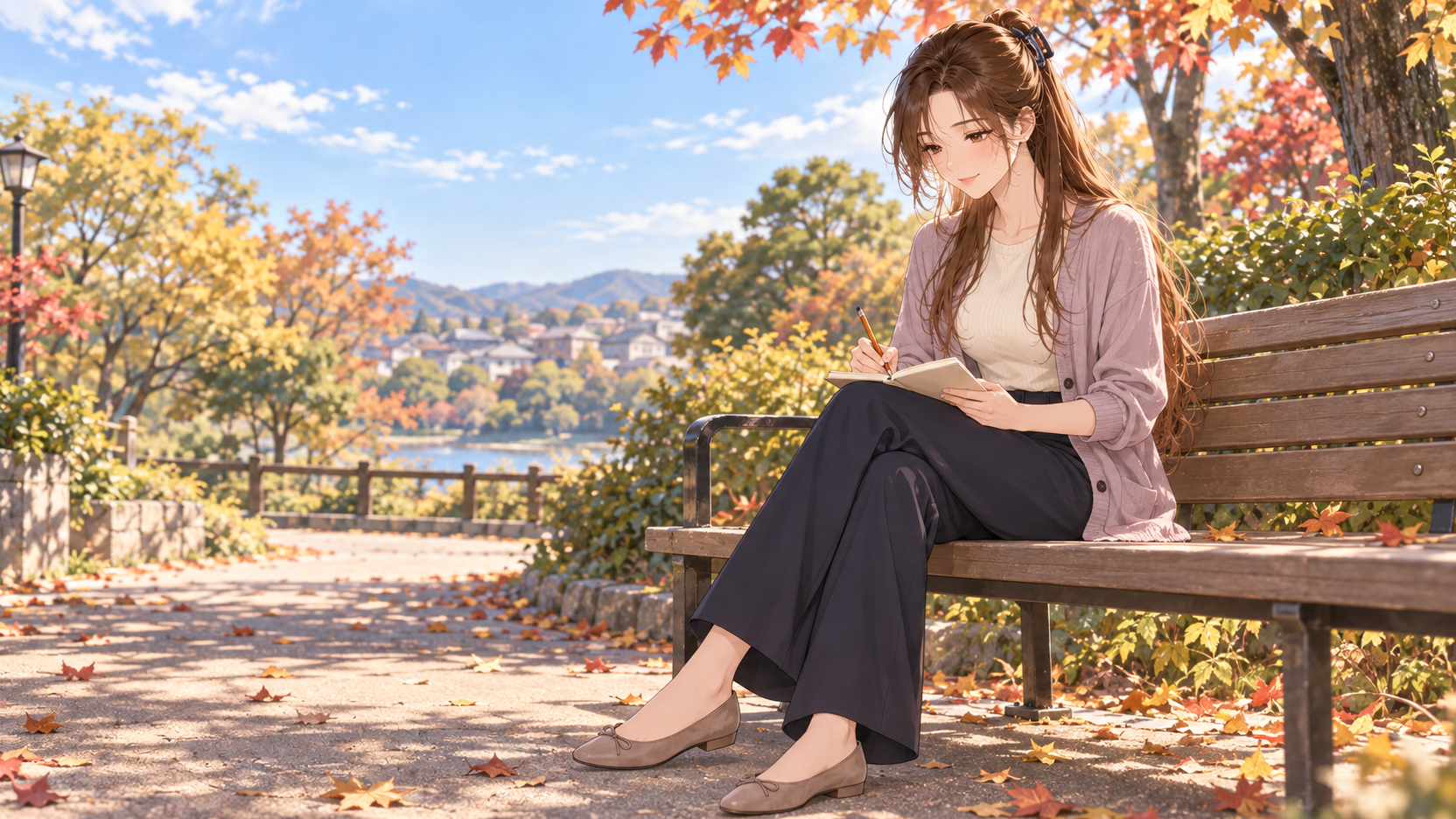 秋の公園のベンチで、ノートに鉛筆を走らせるRuriのAI生成イラスト