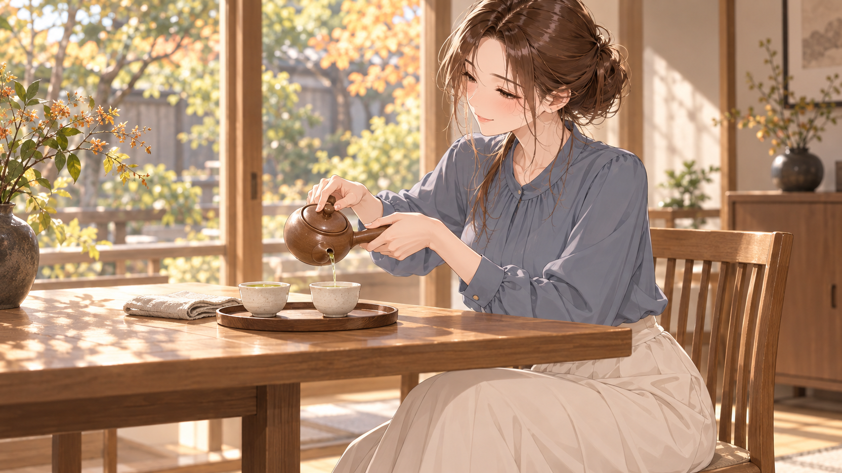 窓辺の食卓で急須から二つの湯のみへ煎茶を注ぐRuriのAI生成イラスト