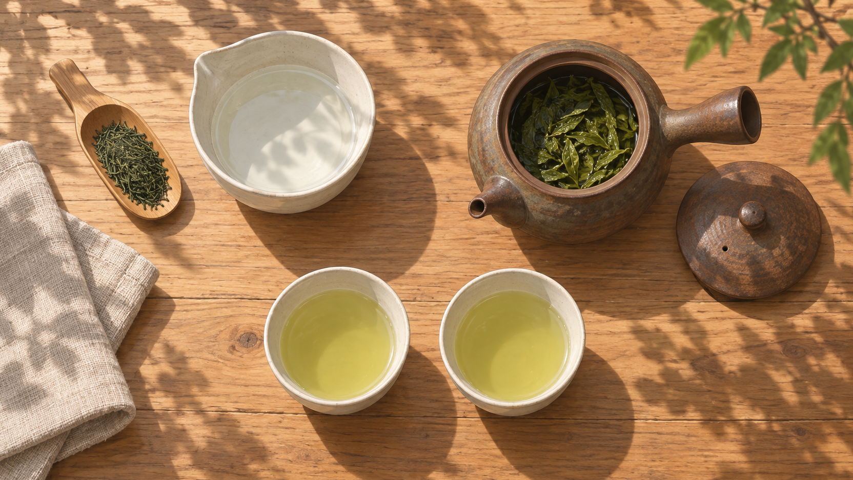 茶葉の入った急須、湯冷まし、二つの湯のみを真上から描いたAI生成イラスト