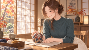 青緑のニットを着たRuriが、和室の机に置いた花模様の手まりを眺めるイラスト
