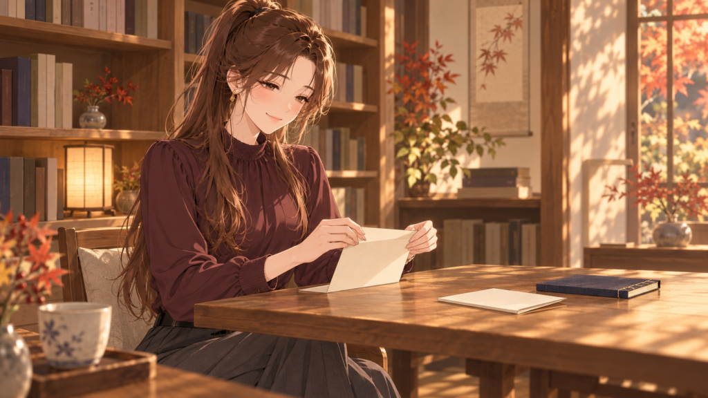 紫色のブラウスを着たRuriが、机上の和装本の横で白い紙を両手で折るイラスト