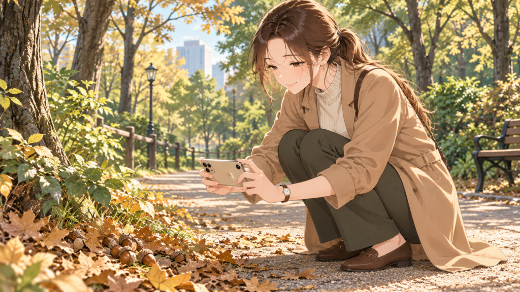 秋の公園の道端で、Ruriがしゃがみ、落ち葉の中のどんぐりをスマートフォンで撮るイラスト