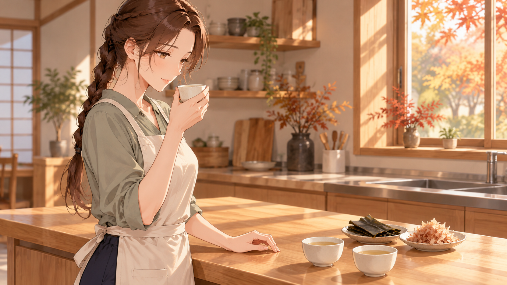 エプロン姿のRuriが白いカップでだしを味わい、机上に昆布とかつお節が並ぶイラスト