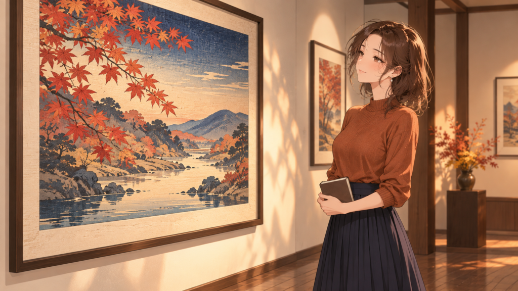 秋の風景を描いた架空の木版画風の絵を、右側に立つRuriが眺めるAIイラスト