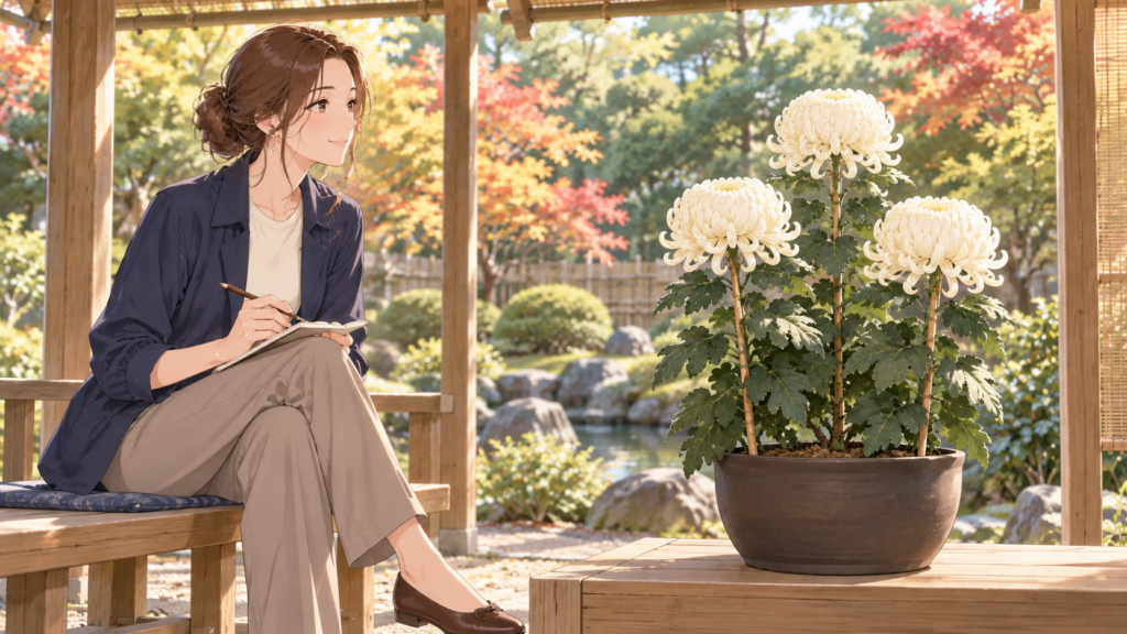 左のベンチでノートを持つRuriと、右側の鉢に三輪の白い菊を描いたAIイラスト